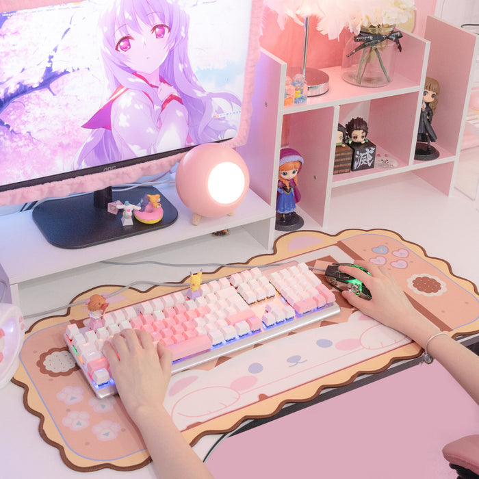 Cute Kawaii Gaming Desk Mat: pink, brown bear cub, kawaii cartoon style
