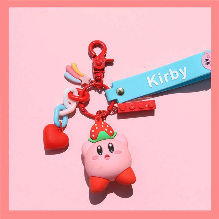 Cute Kirby Keychains: Highly Detailed Accessories: pink, light blue Kirby character, kawaii cartoon style
