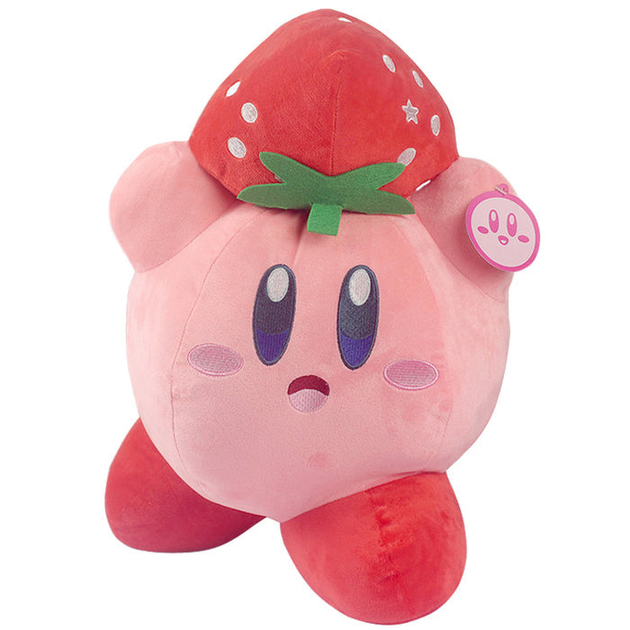 Cute Kirby Plush Toy, Premium Quality: pink, red pink cartoon character wearing a strawberry hat, kawaii cartoon style