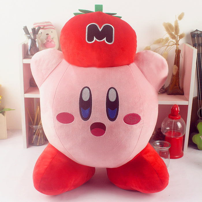 Cute Kirby Plush Toy, Premium Quality: pink, red pink cartoon character wearing a strawberry hat, kawaii cartoon style