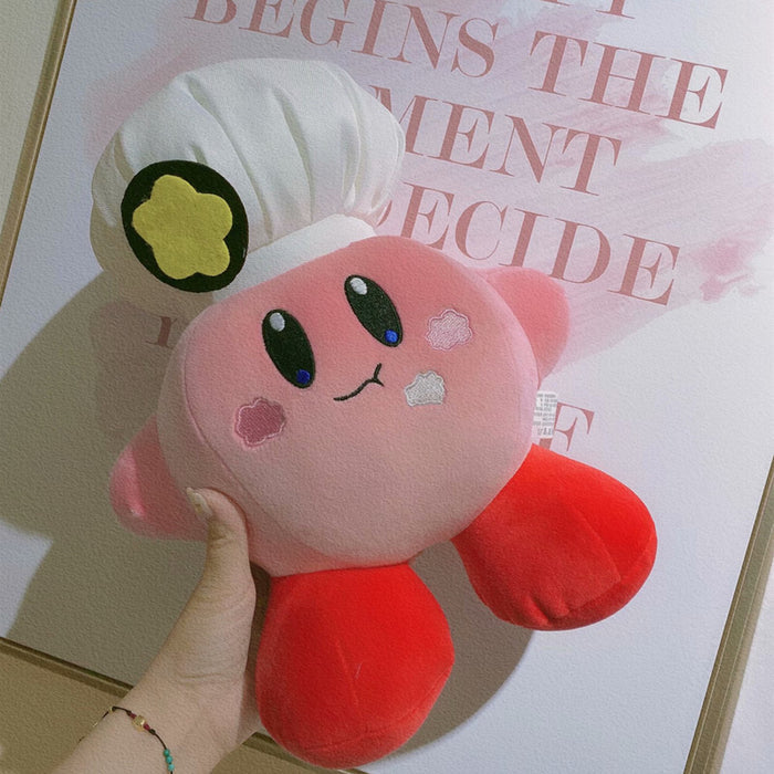 Cute Kirby Plush Toy, Premium Quality: pink, red pink cartoon character wearing a strawberry hat, kawaii cartoon style