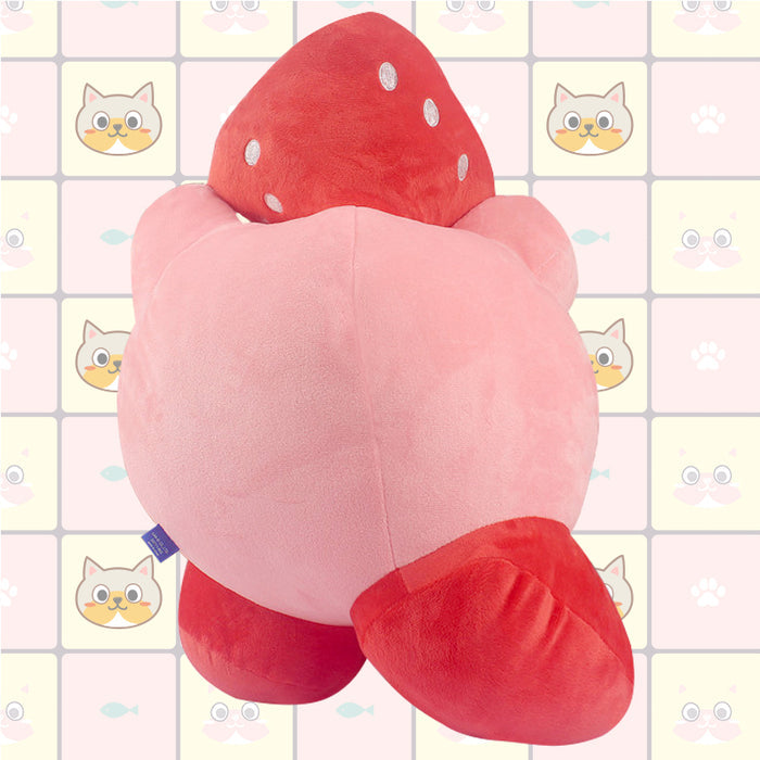 Cute Kirby Plush Toy, Premium Quality: pink, red pink cartoon character wearing a strawberry hat, kawaii cartoon style
