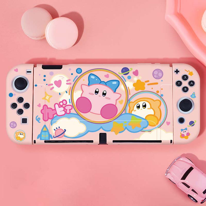 Cute Kirby Switch OLED Shell Case: white, pink Kirby character theme, cute cartoon kawaii style
