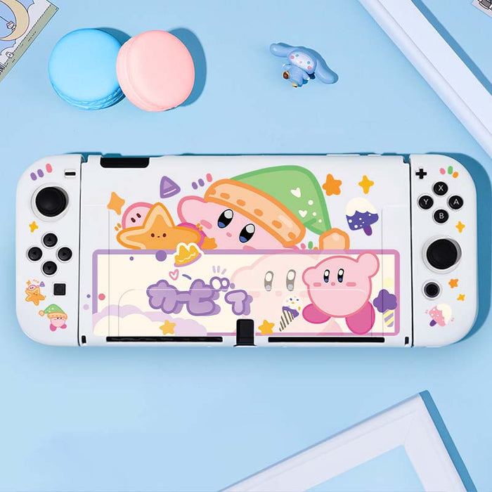 Cute Kirby Switch OLED Shell Case: white, pink Kirby character theme, cute cartoon kawaii style