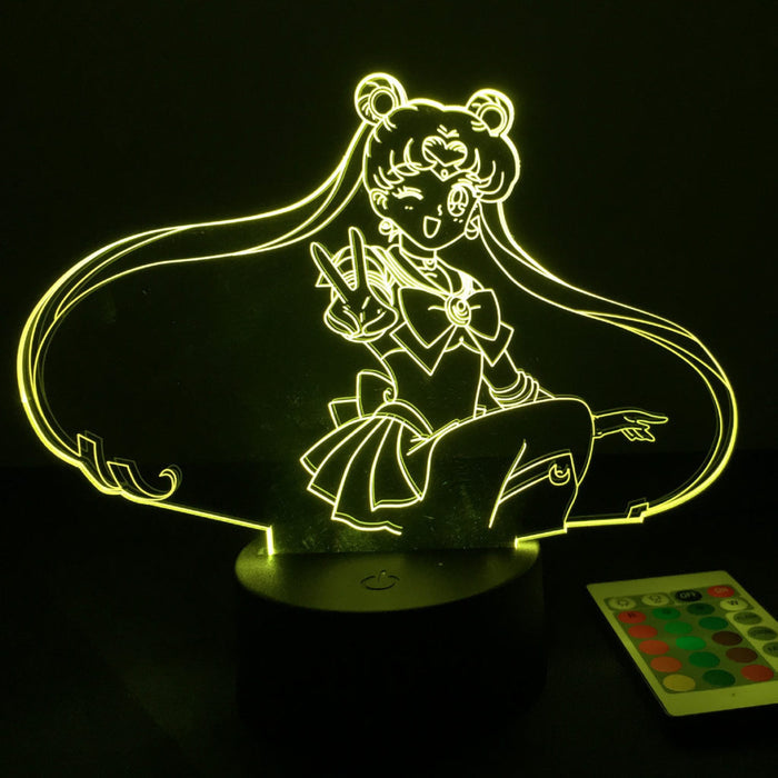 Cute LED Light with 16 Colors: yellow-green glow, clear acrylic Sailor Moon character, cartoon anime line art style