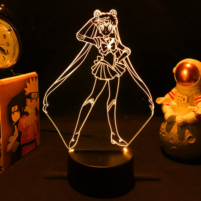 Cute LED Light with 16 Colors: yellow-green glow, clear acrylic Sailor Moon character, cartoon anime line art style
