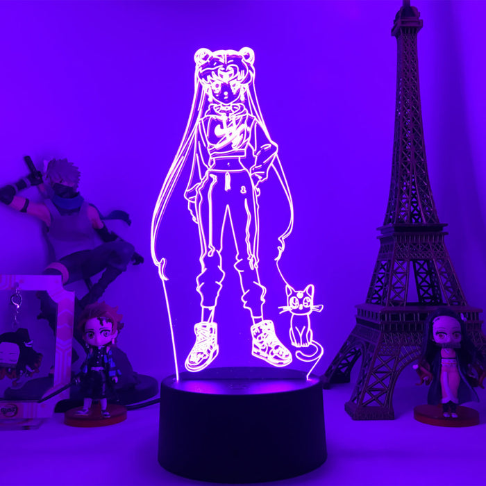 Cute LED Light with 16 Colors: yellow-green glow, clear acrylic Sailor Moon character, cartoon anime line art style
