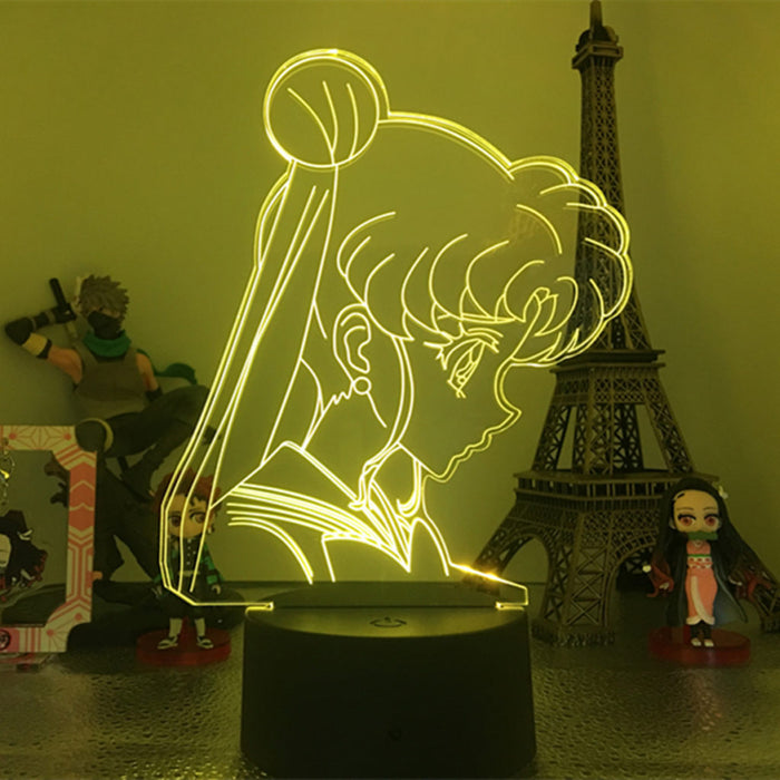 Cute LED Light with 16 Colors: yellow-green glow, clear acrylic Sailor Moon character, cartoon anime line art style