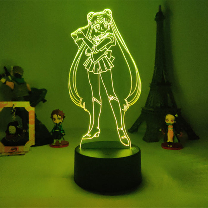 Cute LED Light with 16 Colors: yellow-green glow, clear acrylic Sailor Moon character, cartoon anime line art style