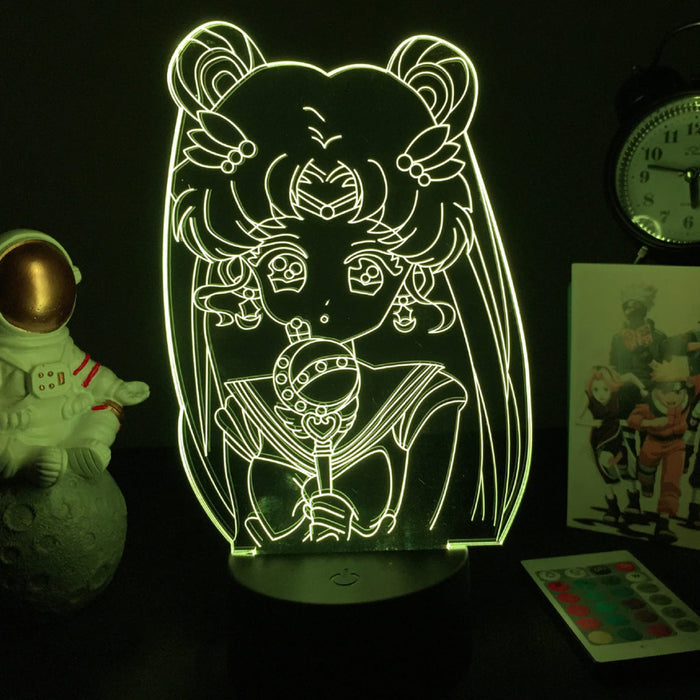 Cute LED Light with 16 Colors: yellow-green glow, clear acrylic Sailor Moon character, cartoon anime line art style