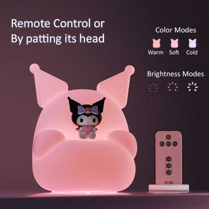 Cute LED Night Light with Remote: pastel lavender, black Kuromi character, kawaii cartoon style