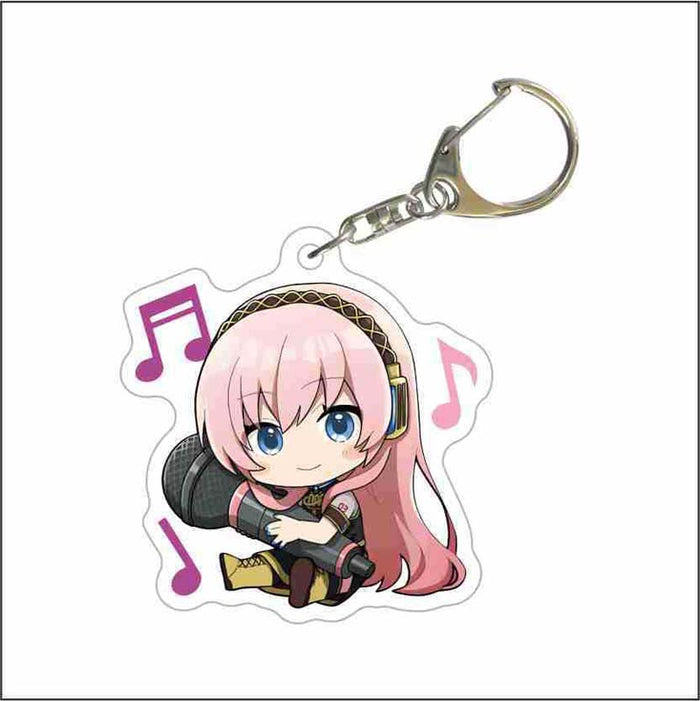 Cute Miku Keychains from Project DIVA: pink, black pink-haired anime-style girl with headphones and a microphone, kawaii anim