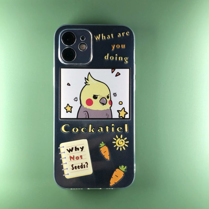 Cute Parrot Phone Case with Cockatiel Design: dark navy blue, yellow cockatiel bird, cute cartoon kawaii style