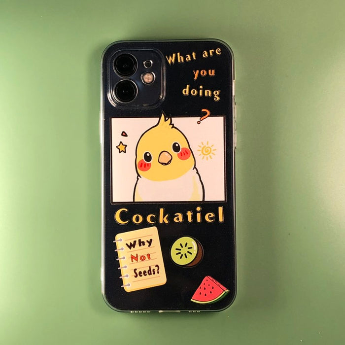 Cute Parrot Phone Case with Cockatiel Design: dark navy blue, yellow cockatiel bird, cute cartoon kawaii style