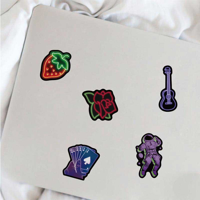 Cute Penguin Neon Style Stickers: black, pink neon sign and nightlife-themed icons, colorful retro neon cartoon style