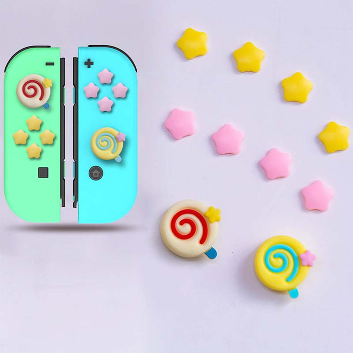 Cute Stars Switch Button Caps for Switch: yellow, pink stars and lollipop/candy theme, kawaii cartoon style