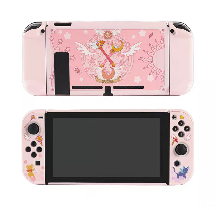 Cute Switch Case: light pink, black magical girl/anime-inspired wand and winged emblem theme, kawaii cartoon anime-inspired s