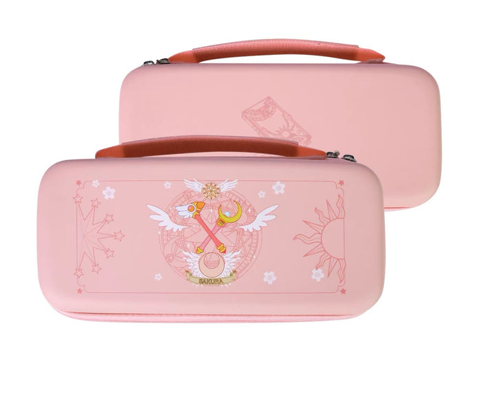 Cute Switch Case: light pink, black magical girl/anime-inspired wand and winged emblem theme, kawaii cartoon anime-inspired s