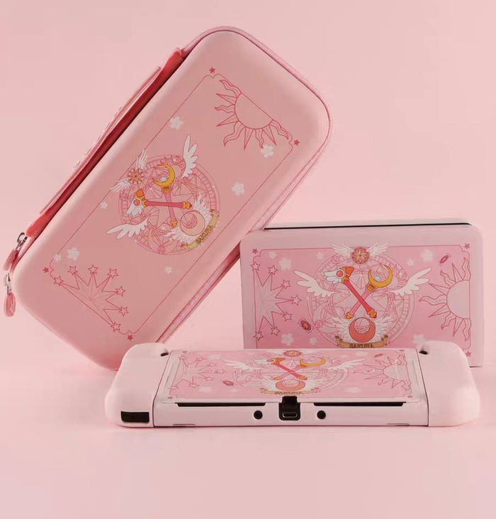 Cute Switch Case: light pink, black magical girl/anime-inspired wand and winged emblem theme, kawaii cartoon anime-inspired s
