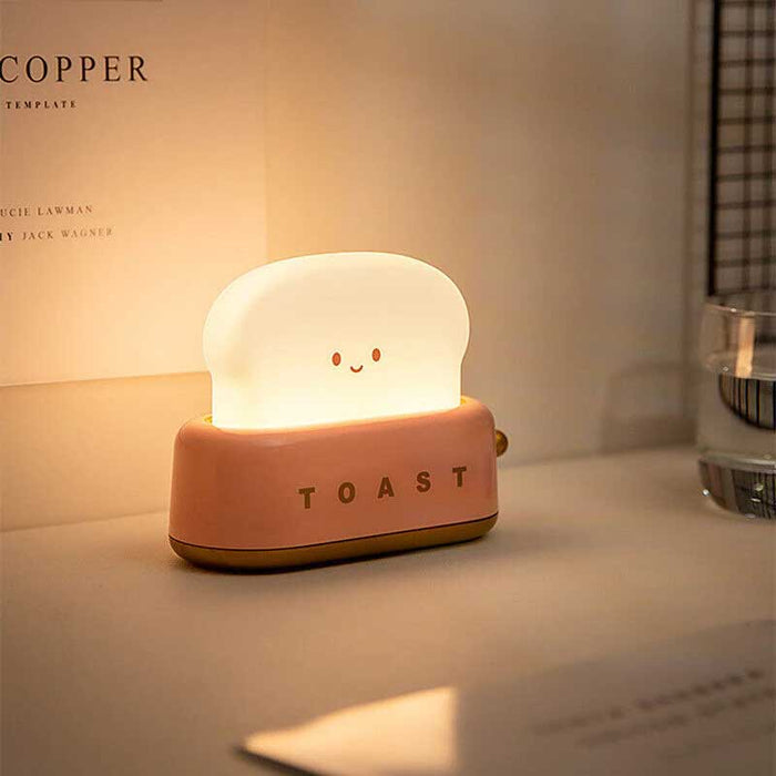 Cute Toaster Night Light with Adjustable Brightness: cream white, light green smiling toast slice, kawaii cartoon style