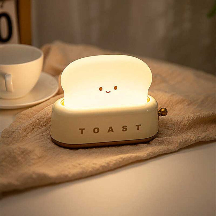 Cute Toaster Night Light with Adjustable Brightness: cream white, light green smiling toast slice, kawaii cartoon style