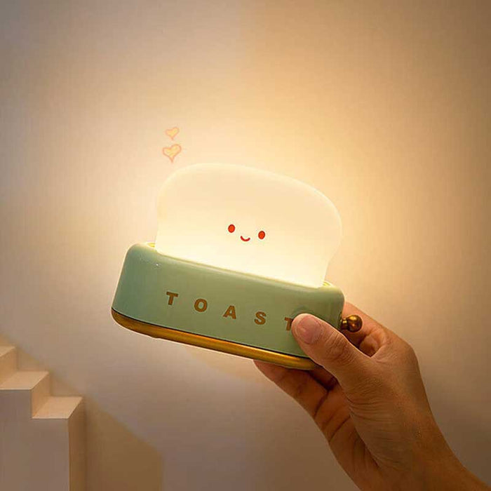 Cute Toaster Night Light with Adjustable Brightness: cream white, light green smiling toast slice, kawaii cartoon style