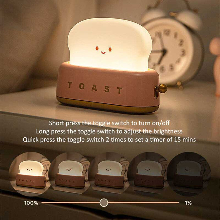 Cute Toaster Night Light with Adjustable Brightness: cream white, light green smiling toast slice, kawaii cartoon style