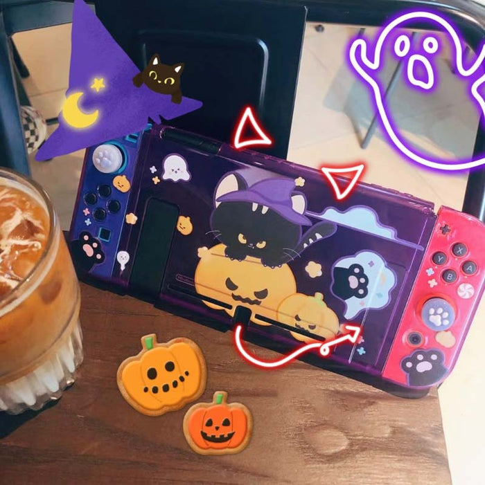 Cute Witchy Cat Nintendo Switch Case: transparent purple, pink black cat wearing a witch hat with Halloween pumpkin theme, ka