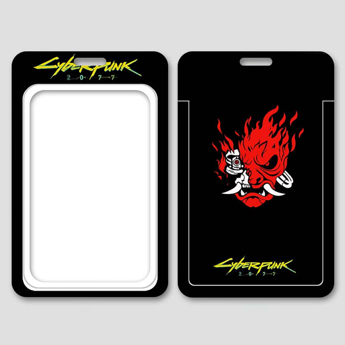Cyberpunk 2077 Card Holders with Lanyard: black, white Cyberpunk 2077 theme with stylized red flaming character graphic, vide
