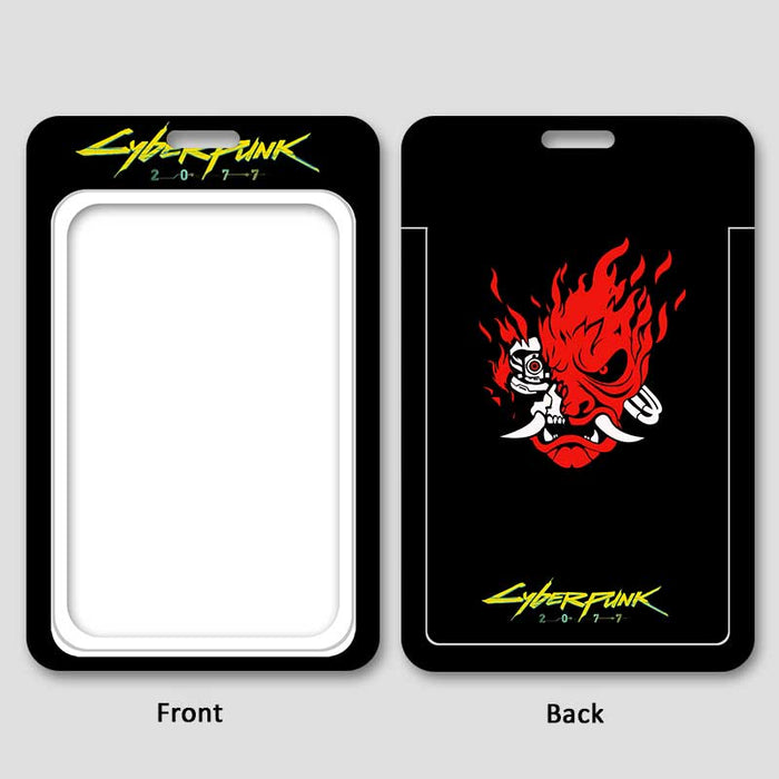 Cyberpunk 2077 Card Holders with Lanyard: black, white Cyberpunk 2077 theme with stylized red flaming character graphic, vide