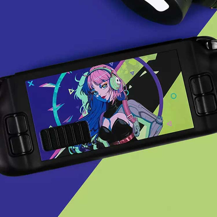 Cyberpunk Steam Deck Case: Ultimate Protection: black, blue anime-style female character, anime, colorful cyberpunk/cartoon s
