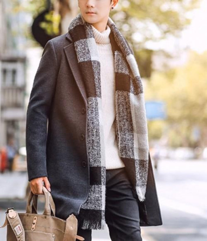Dark Gray Mid-Length Slim Fit Men's Overcoat: charcoal gray, cream outerwear coat worn over a turtleneck sweater, minimal sma