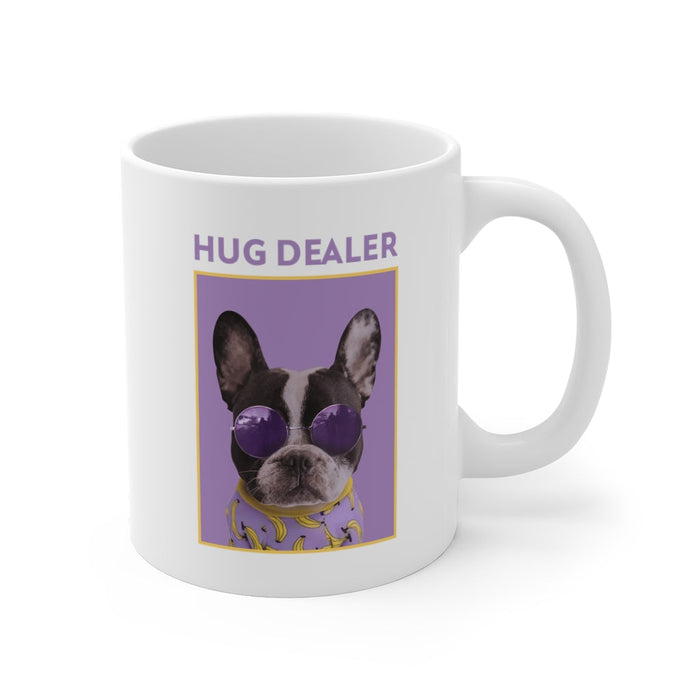Dealer of Pug Embrace Mugs: white, purple French bulldog, cartoon/photo graphic style