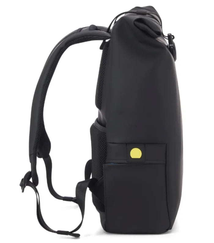 Black delsey turenne soft rolltop 15 inch laptop backpack with rfid and yellow circular front pocket accent