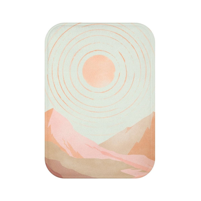 Desert Sun Bath Mat, Pink Home Accents: pale mint green, peach abstract sun and mountain landscape, minimal abstract landscap