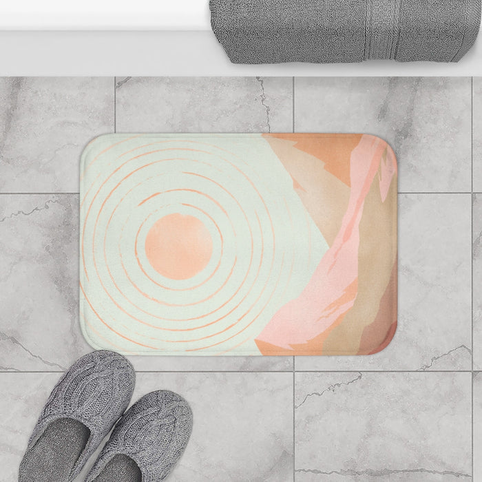 Desert Sun Bath Mat, Pink Home Accents: pale mint green, peach abstract sun and mountain landscape, minimal abstract landscap
