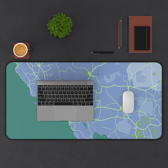 Desk Mat featuring Map of Los Angeles, Updated Title: blue, teal map of the western United States, minimal cartographic style