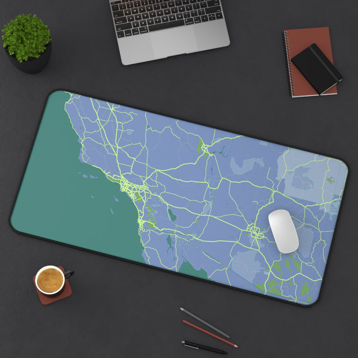 Desk Mat featuring Map of Los Angeles, Updated Title: blue, teal map of the western United States, minimal cartographic style