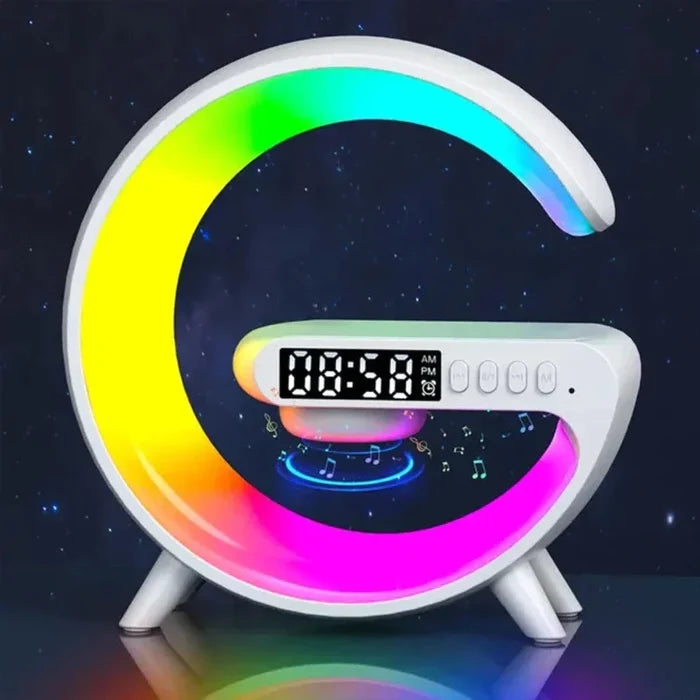 DeskTop Wireless Charging Station with Bluetooth Speaker, 5.9" RGB: white, yellow crescent moon shape, modern futuristic styl