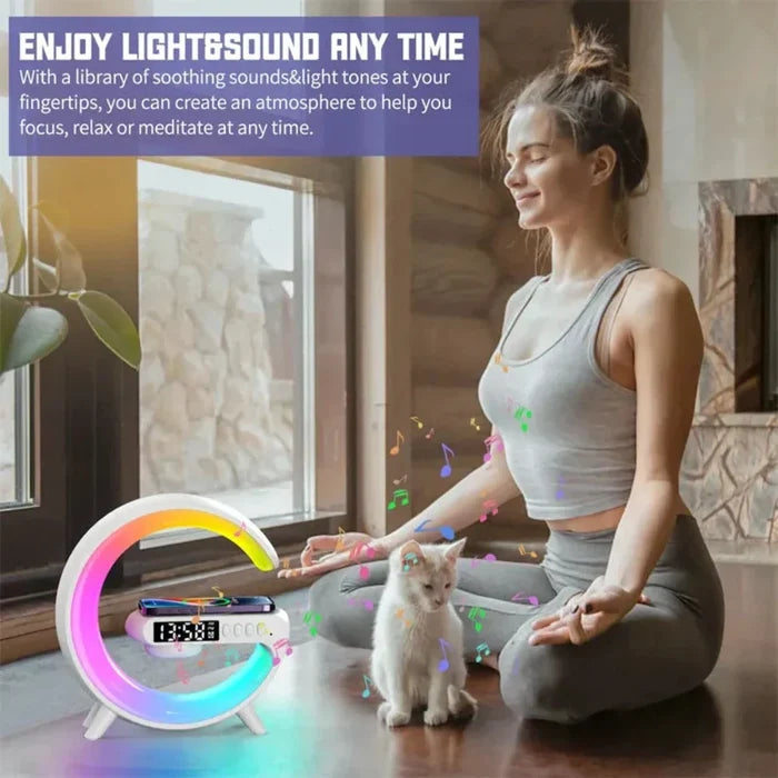 DeskTop Wireless Charging Station with Bluetooth Speaker, 5.9" RGB: white, yellow crescent moon shape, modern futuristic styl