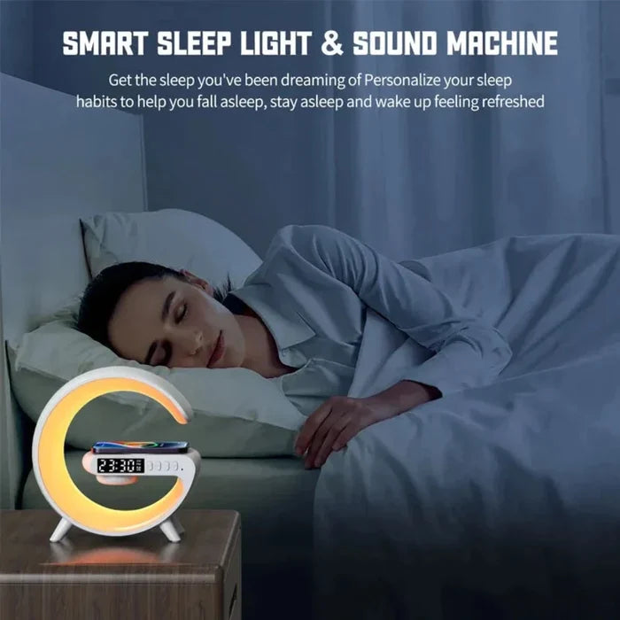 DeskTop Wireless Charging Station with Bluetooth Speaker, 5.9" RGB: white, yellow crescent moon shape, modern futuristic styl