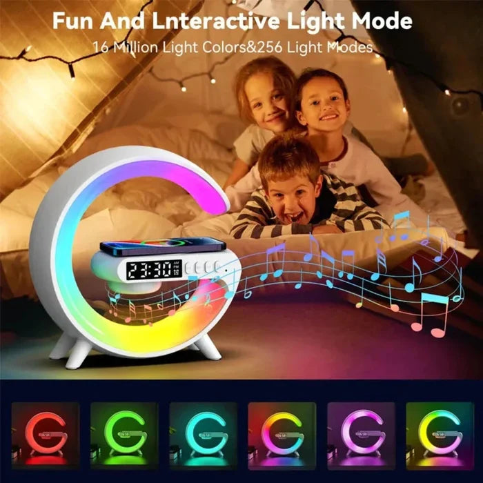 DeskTop Wireless Charging Station with Bluetooth Speaker, 5.9" RGB: white, yellow crescent moon shape, modern futuristic styl