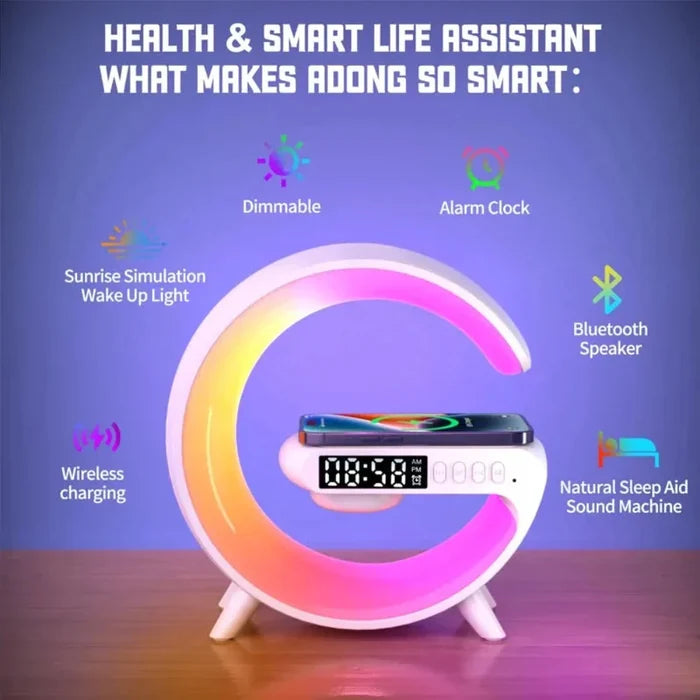 DeskTop Wireless Charging Station with Bluetooth Speaker, 5.9" RGB: white, yellow crescent moon shape, modern futuristic styl