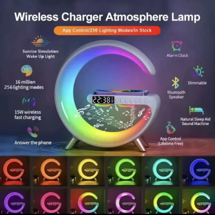 DeskTop Wireless Charging Station with Bluetooth Speaker, 5.9" RGB: white, yellow crescent moon shape, modern futuristic styl