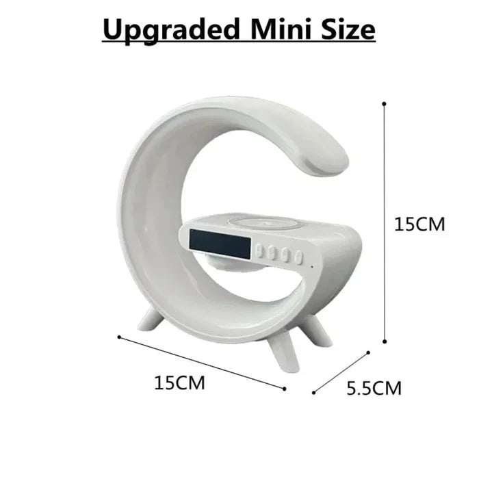 DeskTop Wireless Charging Station with Bluetooth Speaker, 5.9" RGB: white, yellow crescent moon shape, modern futuristic styl