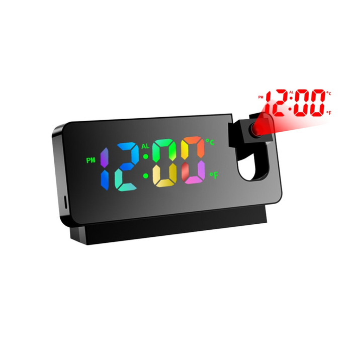Digital Projection Alarm Clock with Adjustable LED Display: black, gray digital projection alarm clock, modern minimal style