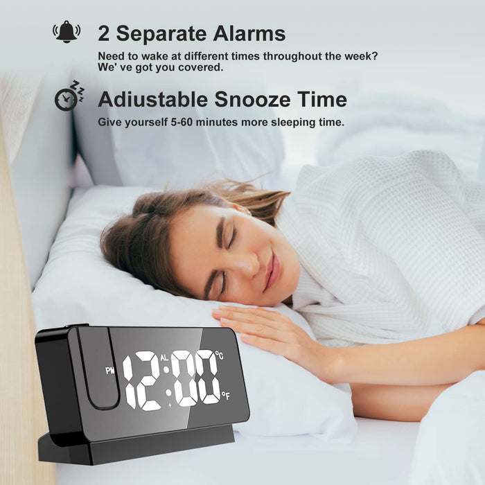 Digital Projection Alarm Clock with Adjustable LED Display: black, gray digital projection alarm clock, modern minimal style