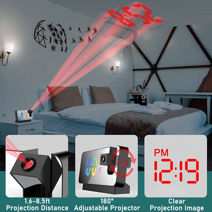 Digital Projection Alarm Clock with Adjustable LED Display: black, gray digital projection alarm clock, modern minimal style