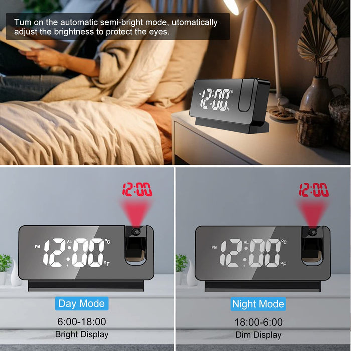 Digital Projection Alarm Clock with Adjustable LED Display: black, gray digital projection alarm clock, modern minimal style