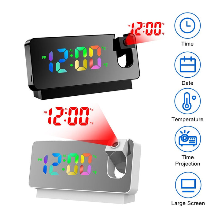 Digital Projection Alarm Clock with Adjustable LED Display: black, gray digital projection alarm clock, modern minimal style